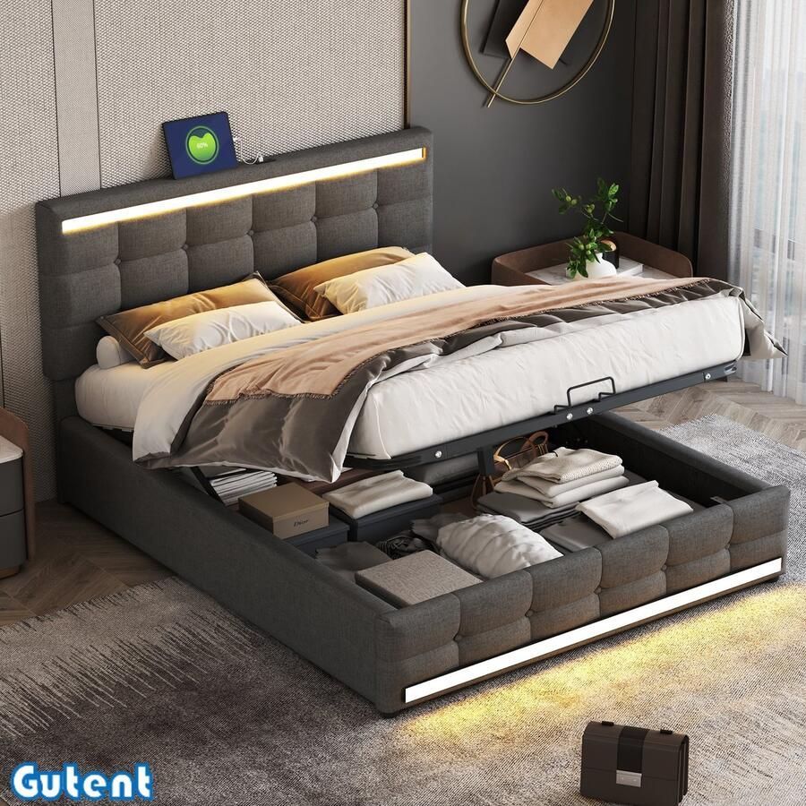Gutent Gestoffeerd bed 140*200cm LED-verlichting Opbergruimte 2 x USB-laadstation In hoogte verstelbaar hoofdeinde Linnen afwerking Grijs- Zonder matras