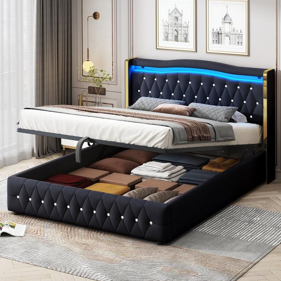 Gutent Gestoffeerd bed 160*200 cm met heldere strepen met van kleur veranderende LED's met hydraulische opbergruimte met diamantrand Tweepersoonsbed (zonder matras) Fluwelen stof Zwart