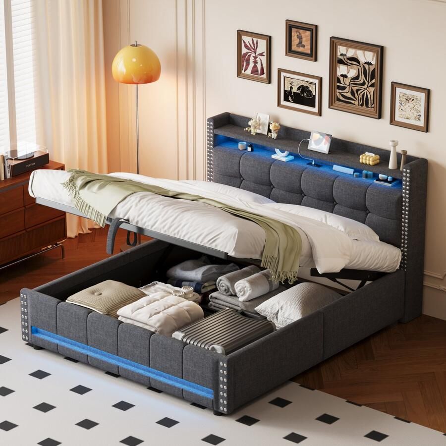 Gutent Gestoffeerd bed 160*200 cm met LED-verlichting en USB-aansluiting met opbergruimte Grijs linnen stof (Zonder matras)