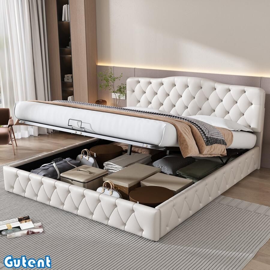 Gutent Gestoffeerd bed-180*200cm-met in hoogte verstelbaar hoofdeinde-Opbergbed-PU-Wit -Geen matras
