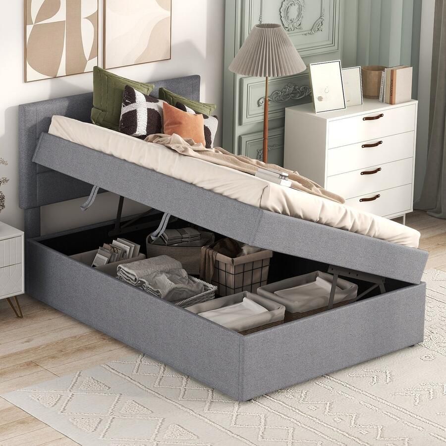 Sweiko Gestoffeerd bed Eenpersoonsbed met metalen frame lattenbod Grote opbergruimte Grijs 90*200cm