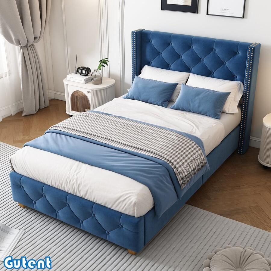 Gutent Gestoffeerd bed 90*200 cm met lattenbodem en hoofdeinde Bekleding met knopen Bekleding met klinknagels Houten poten Fluweel Blauw Zonder matras