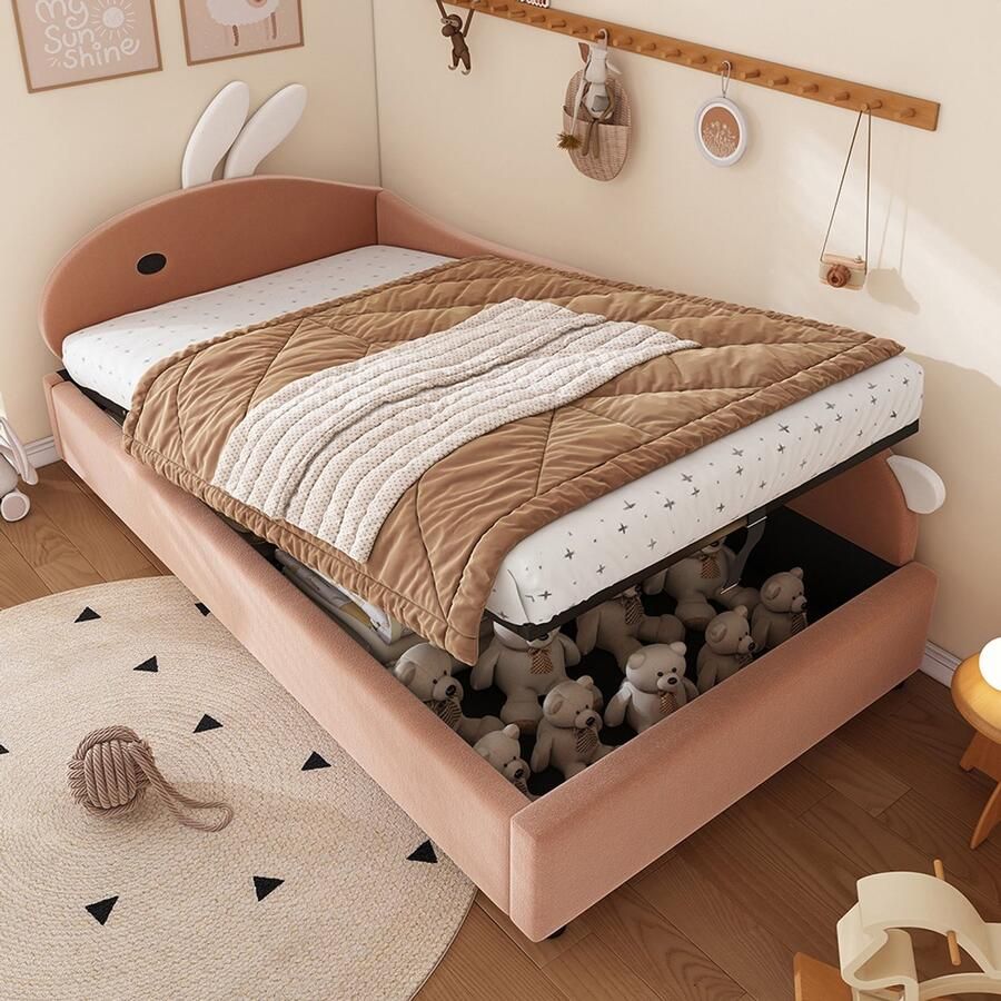 Gutent -Gestoffeerd bed 90x200 cm-eenpersoonsbed-kinderbed-schattig konijntje-hoofdbord-roze+wit