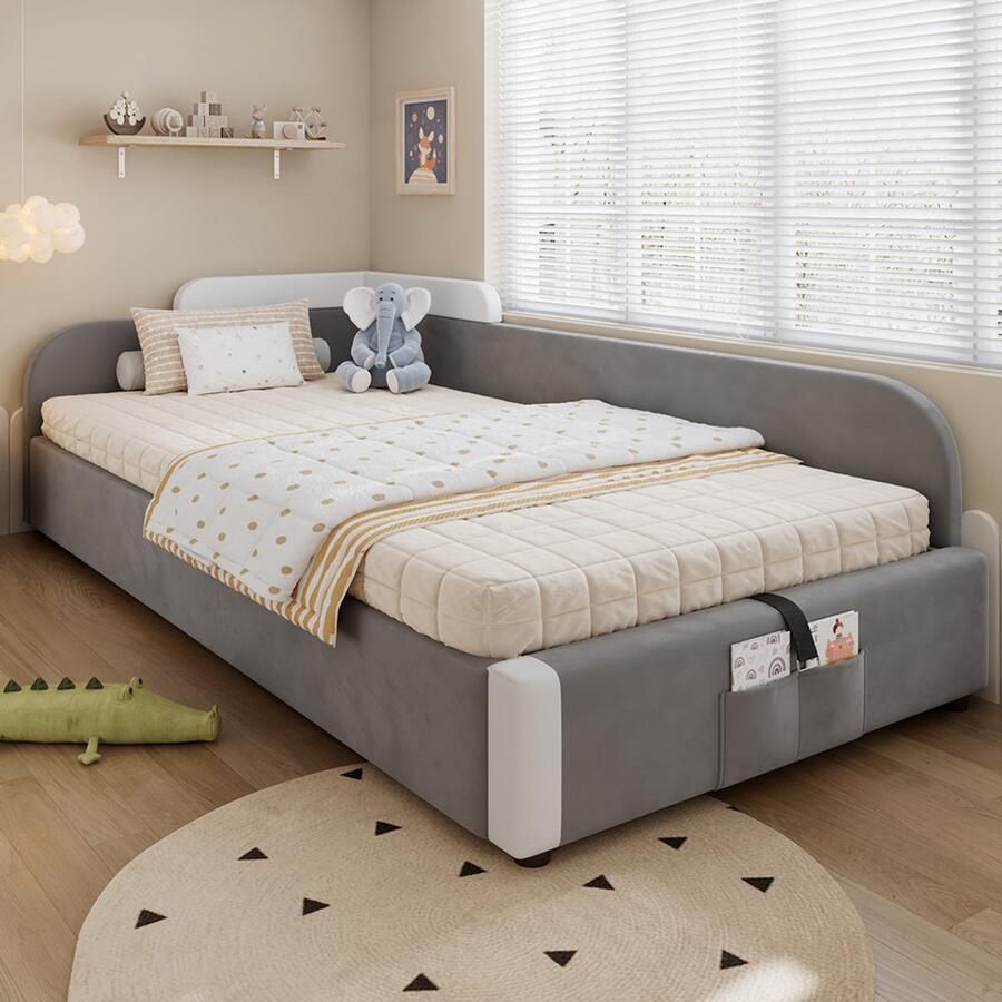 Gutent -Gestoffeerd bed 90x200 cm-Hoog zacht hek-Opbergtas aan het voeteneinde van het bed-Rechts zijpaneel-Grijs