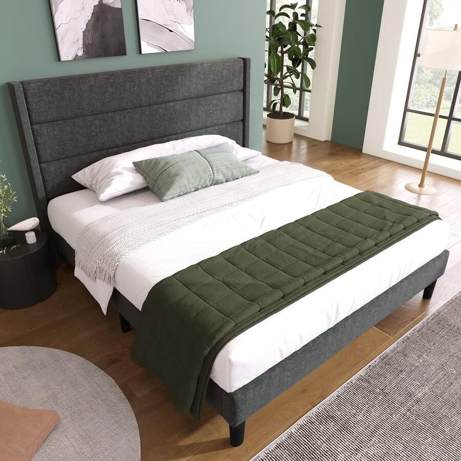 Gutent Gestoffeerd bed Donkergrijs (Zonder matras) 140 x 200 cm Sprei van Linnenstof Bedframe met lattenbodem en hoofdeinde gestoffeerd tweepersoonsbed tijdloos modern design jeugdbedden