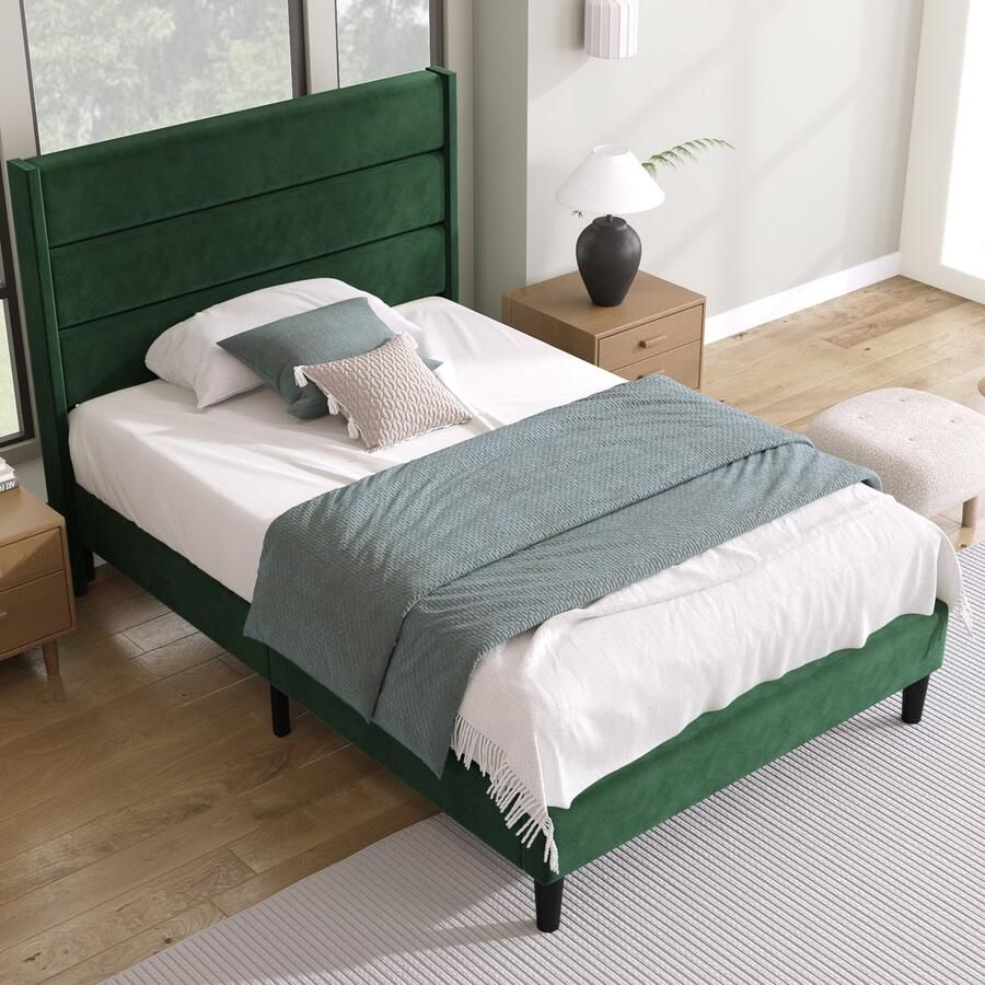 Gutent Gestoffeerd bed Donkergroen (Zonder matras) 90 x 200 cm Bedframe met lattenbodem en Hoofdeinde Gestoffeerd eenpersoonsbed fluwelen sprei tijdloos modern design jeugdbed