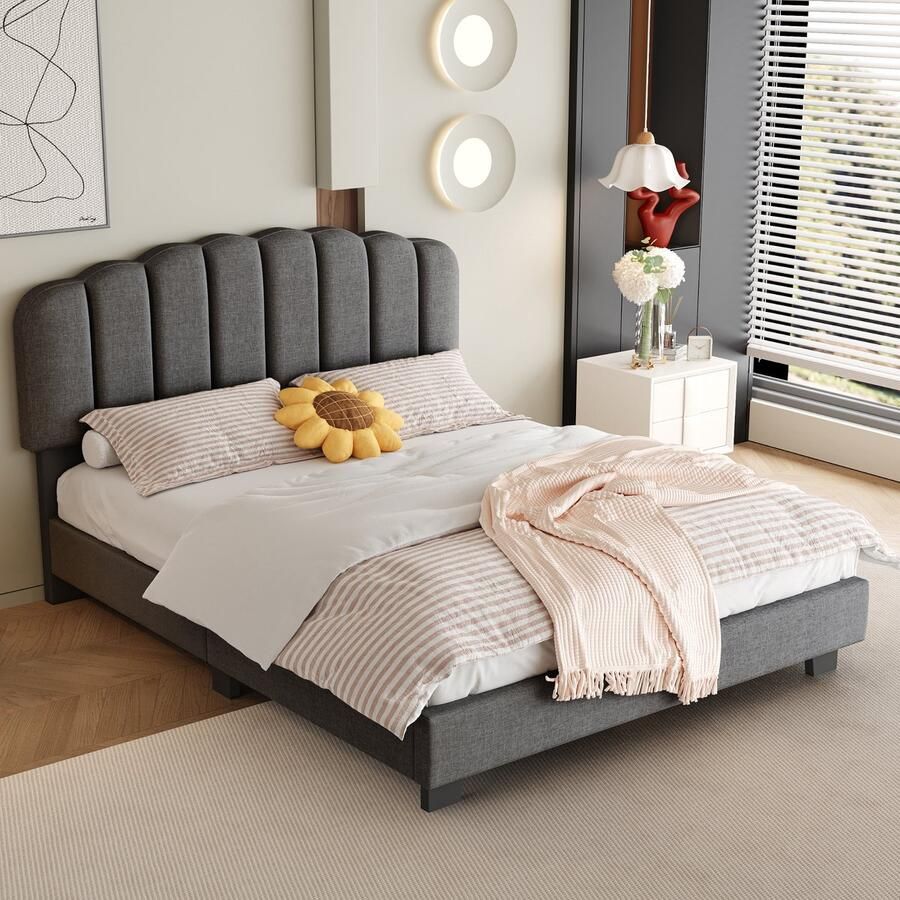 Sweiko Gestoffeerd bed 140 x 200 cm Bed met lattenbodem (zonder matras) Verstelbaar hoofdeinde Linnen Minimalistisch Grijs