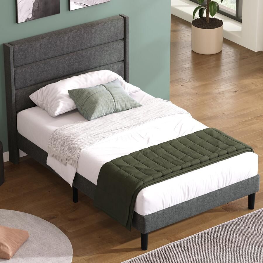 Gutent Gestoffeerd bed Grijs (Zonder matras) 90 x 200 cm Bedframe met Lattenbodem en Hoofdeinde Gestoffeerd eenpersoonsbed sprei van linnenstof tijdloos modern design jeugdbedden