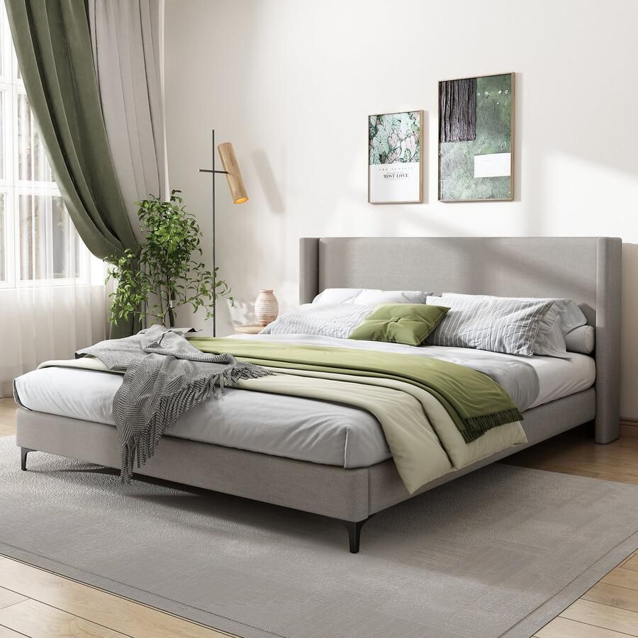 Gutent Gestoffeerd bed Grijs (Zonder matras) Tweepersoonsbed met lattenbodem Hoog hoofdeinde 180 x 200 cm linnen