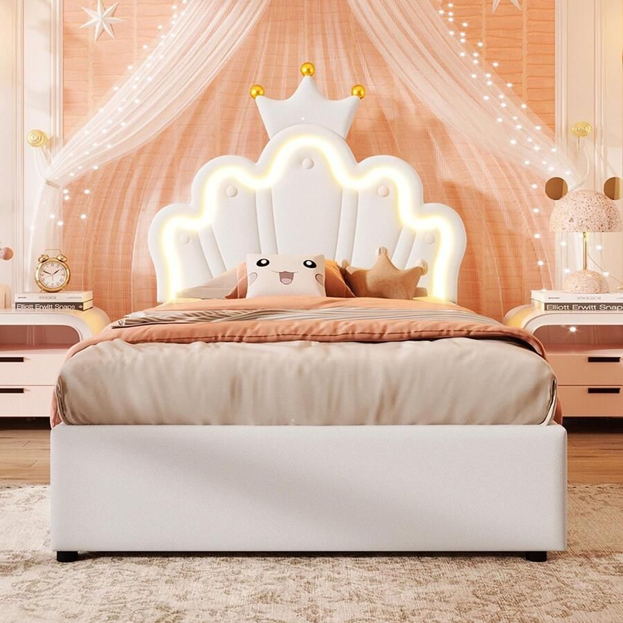 Gutent -Gestoffeerd bed hydraulisch-90x200cm-met LED-lichtlijst-verstelbaar hoofdeinde-prinsessenbed in kroonvorm-PU-wit-mont matras