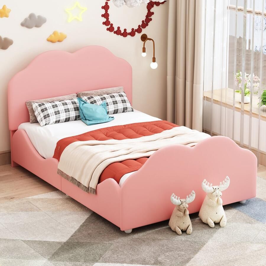 Gutent Gestoffeerd bed Kinderbed Roze (Zonder matras) 90 x 200 cm Kinderbed met Hoge Spijlen en Wolkvormig hoofd- en voeteneind huidvriendelijk fluwelen eenpersoonsbed