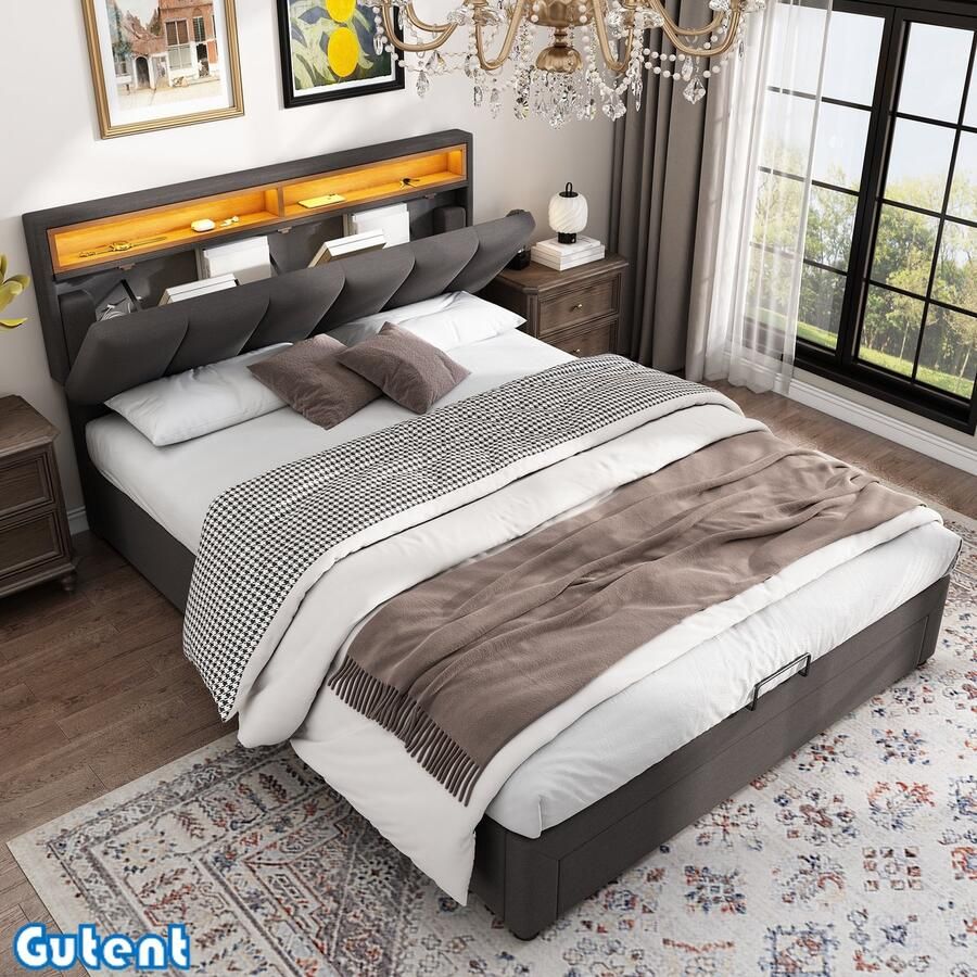 Gutent Gestoffeerd bed Tweepersoonsbed met LED-verlichting Hydraulisch opbergbed Gemaakt van een stalen frame Linnen 140*200 cm Grijs Zonder matras