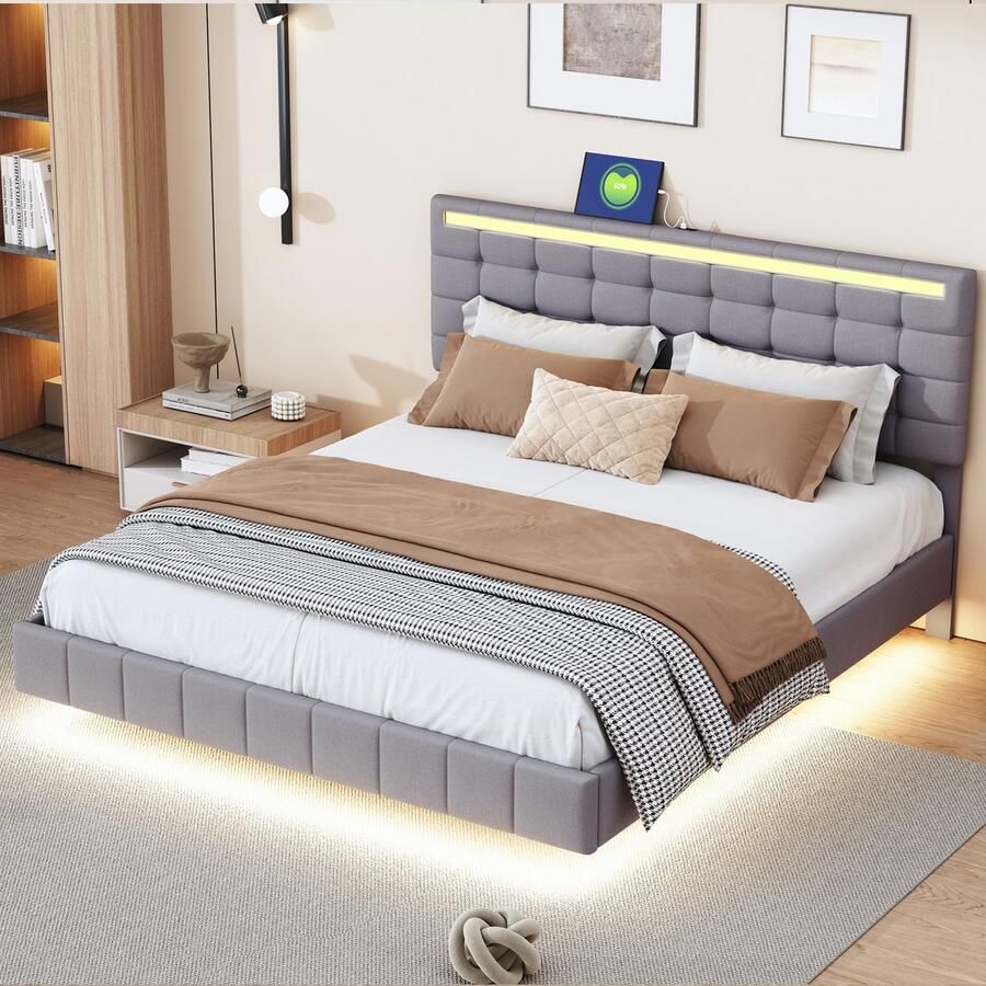 Sweiko Zacht Kussen bed 160 x 200 cm met LED Verlichting en een Zwevend bedframe ontworpen met een hoofdeinde een plat tweepersoonsbed gemaakt van Grijs Linnen Stof (zonder matras)