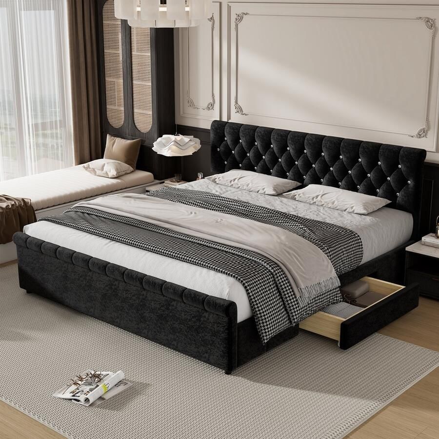 Gutent Gestoffeerd bed Zwart (Zonder matras) 180 x 200 cm Tweepersoonsbed met 2 Laden Hoofdbord met ruitvormige slede-uittrekelementen sneeuwvlokvelours