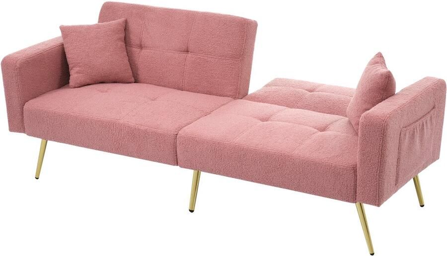 Gutent Gestoffeerde bank met bedfunctie in hoek verstelbaar gouden poten met kussens opbergzakken aan de zijkant Roze gekleurd