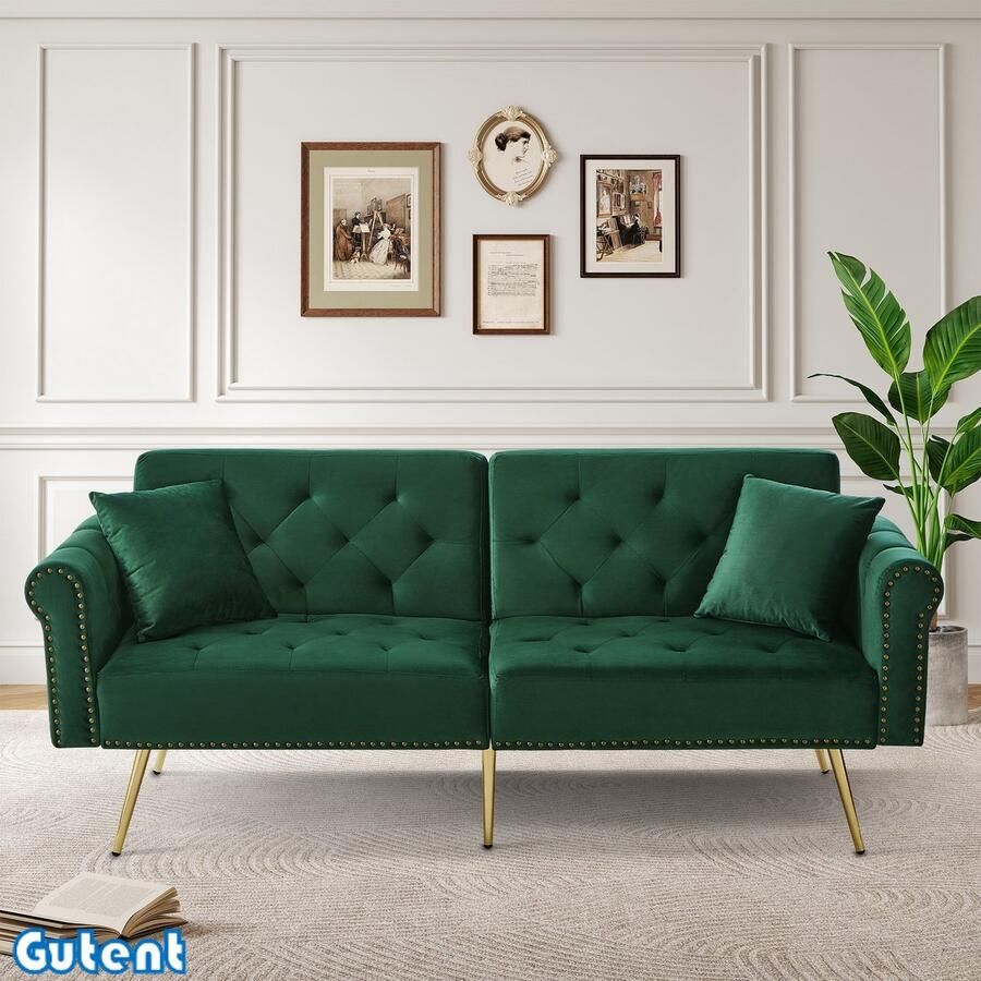 Gutent Gestoffeerde sectionele bank Fluweel Met 3 verstelstanden Vergulde metalen pootjes Ruimtebesparend Veerkrachtig Antiek groen