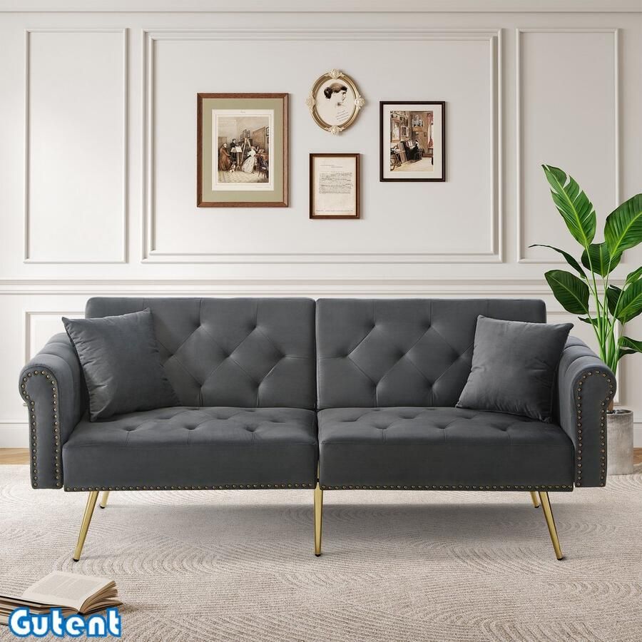 Gutent Gestoffeerde sectionele bank Fluweel Met 3 verstelstanden Vergulde metalen pootjes Ruimtebesparend Veerkrachtig Antiek Grijs