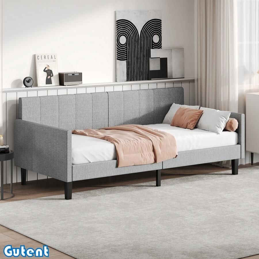 Gutent Gestoffeerde slaapbank- 90x200 cm- Dagbed-Niet-Matras-Linnen-Grijs