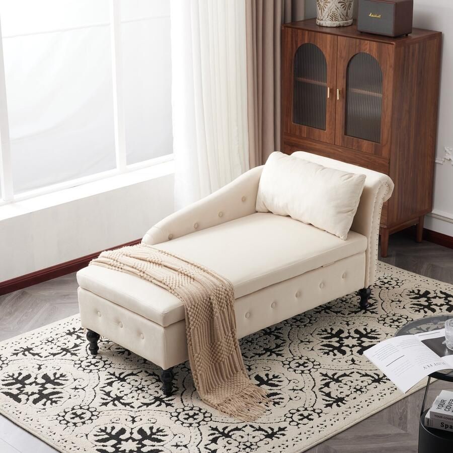Gutent Gestoffeerde Sofa Beige met Opbergruimte Rechter armleuning Fluwelen Chaise longue met kussens met sierstiksels en knoopstiksels voor zowel slaapkamer als kantoor