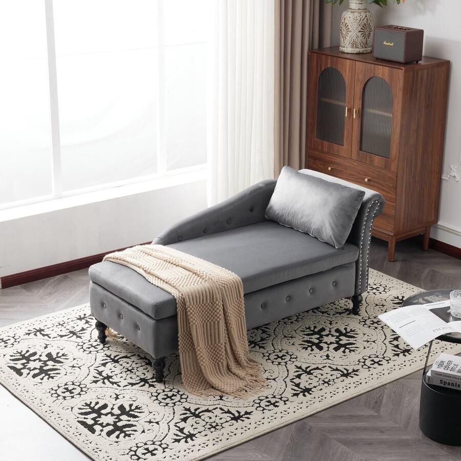 Gutent Gestoffeerde Sofa Grijs met Opbergruimte Rechter armleuning Fluwelen Chaise longue met kussens met sierstiksels en knoopstiksels voor zowel slaapkamer als kantoor