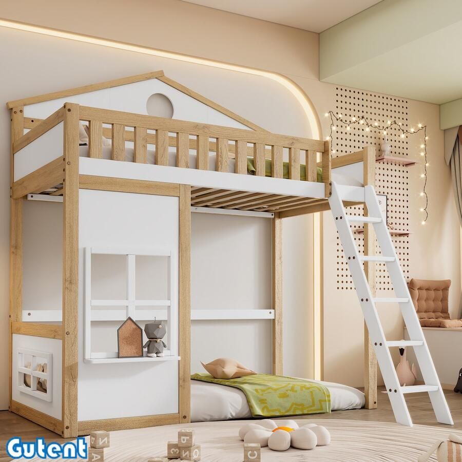 Gutent Gutnt Hoogslaper voor kinderen met trap met reling met dak en raam Den + MDF Wit + Naturel 90x200 cm Zonder matras-Geen decoratie onder het bed - Foto 2