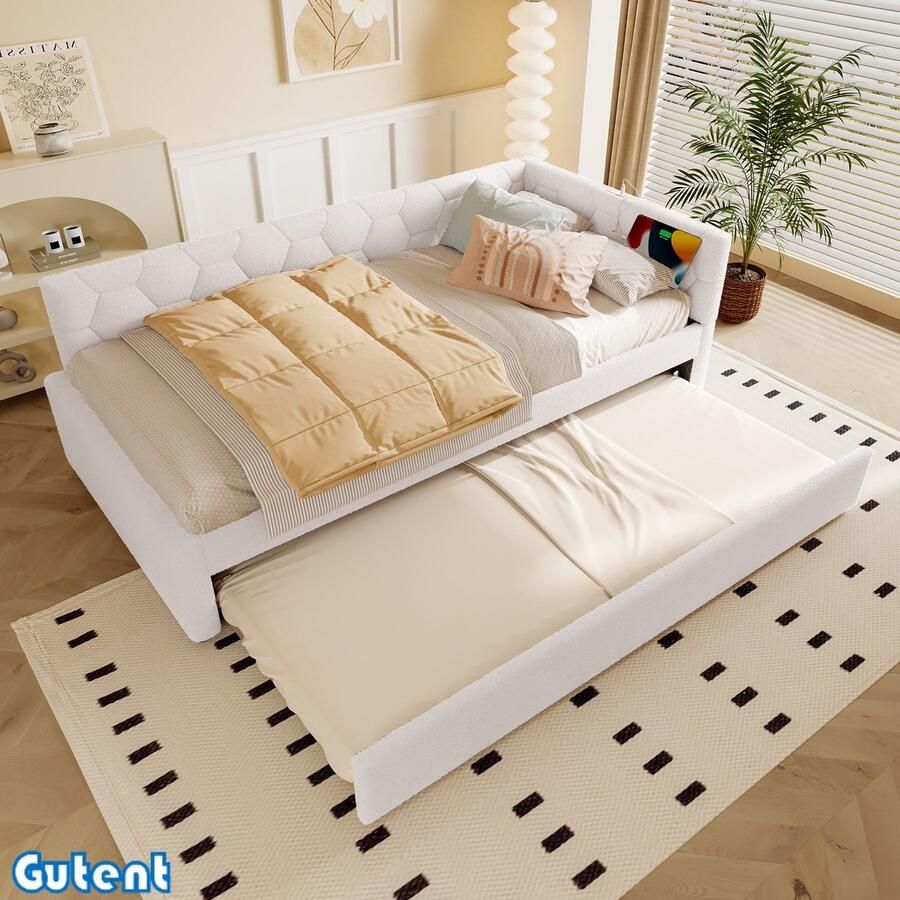 Gutent Gutyent Slaapbank-90*200 cm-met lattenbodem (Zonder matras)-met bedlampje-met multifunctioneel uitschuifbed-USB-interface-Type-C-aux wol-Wit