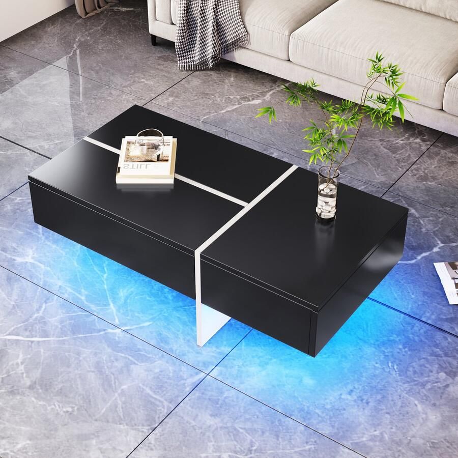 Sweiko Hoogglans Salontafel zwart-wit kleurenblokstructuur woonkamer meubilair met 3 lades 100*50*34.5cm met App gecontroleerd LED verlichtingssysteem