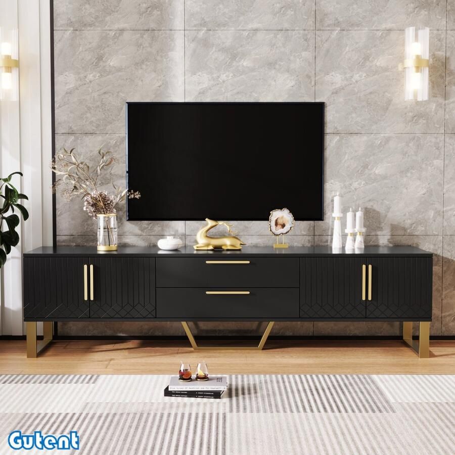 Gutent Hoogglans TV-meubel Gouden Handgreep Gesneden Textuur Zwart