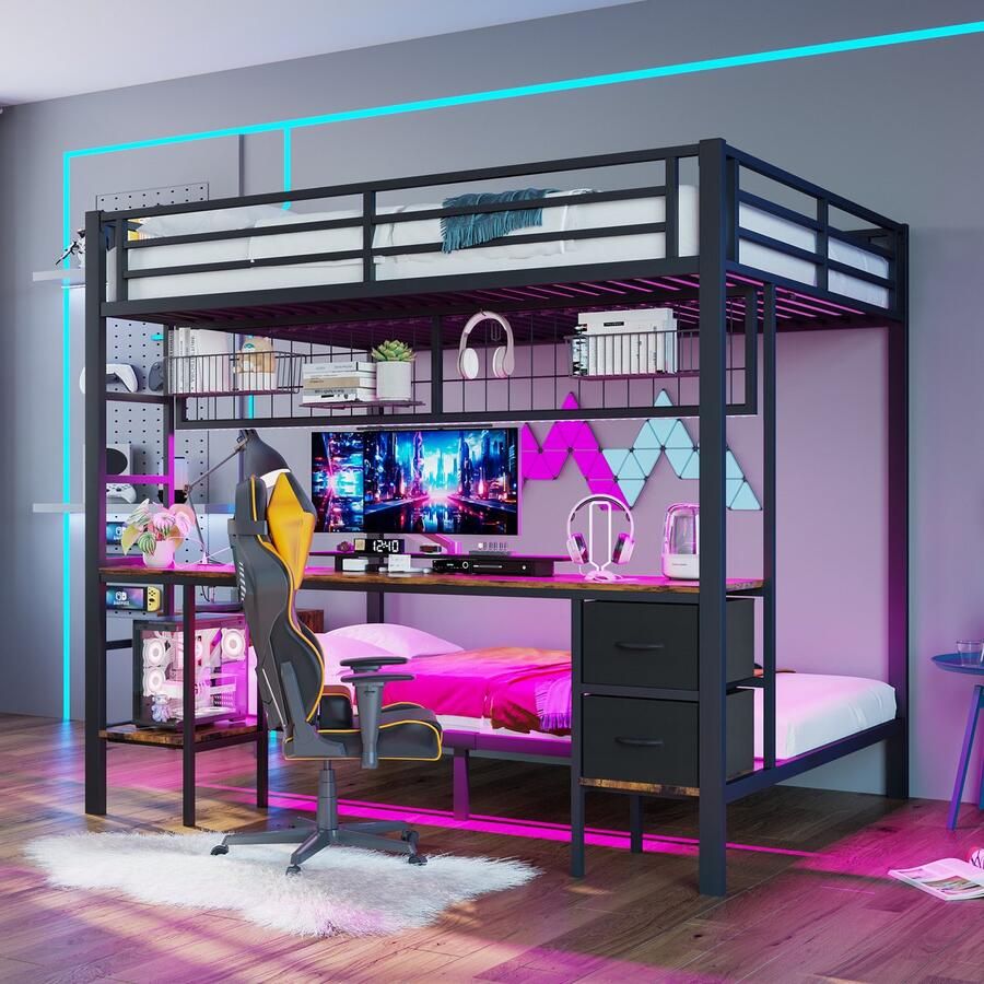 Merax Stapelbed met Laden 90x200 cm en 140x200 cm met USB-poort met LED-verlichting Hang raster bureau zonder matras zwart