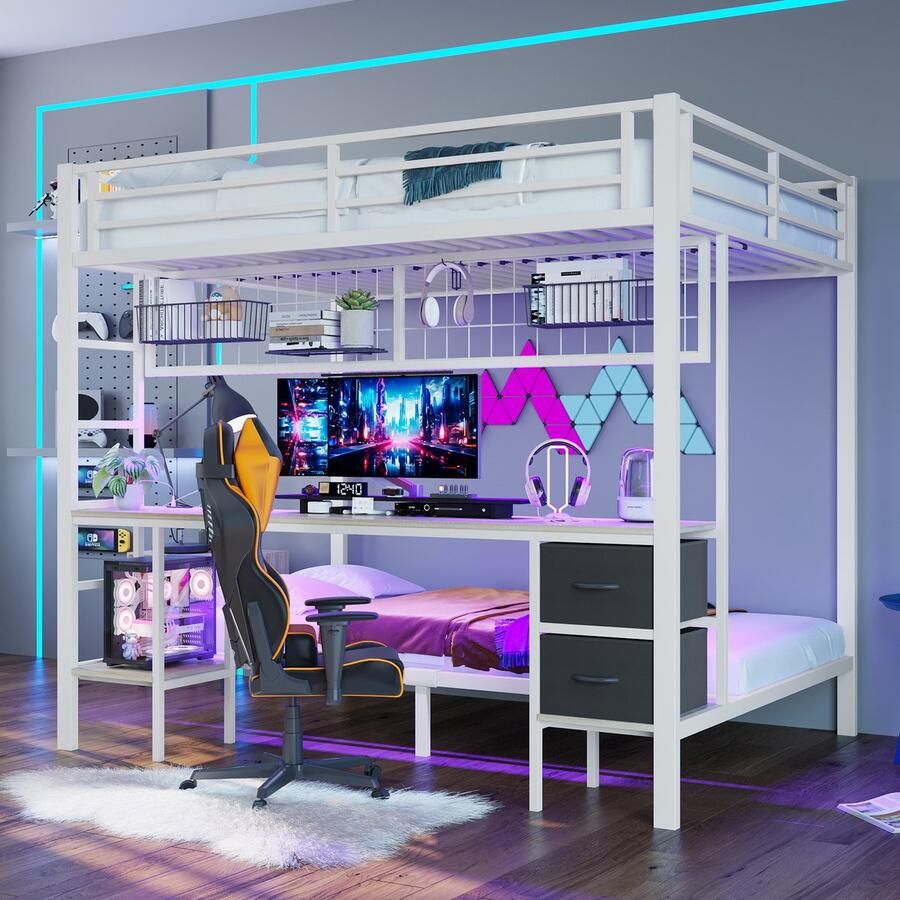 Merax Stapelbed met Laden 90x200 cm en 140x200 cm met USB-poort met LED-verlichting Hang raster bureau zonder matras wit