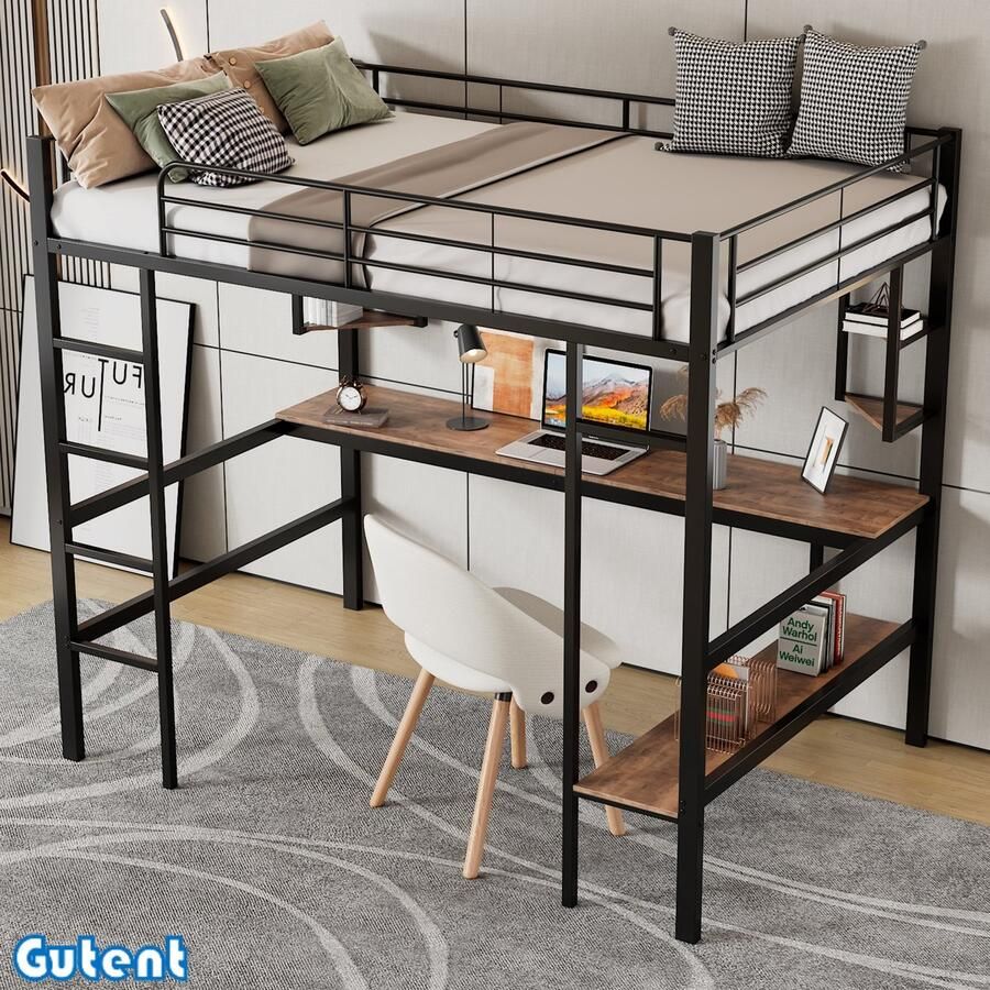 Gutent Hoogslaper 90x200 cm- IJzeren bed met bureau- Met vier kleine boekenplanken- Eén grote boekenplank- Zwart- Geen matras- Geen stoel