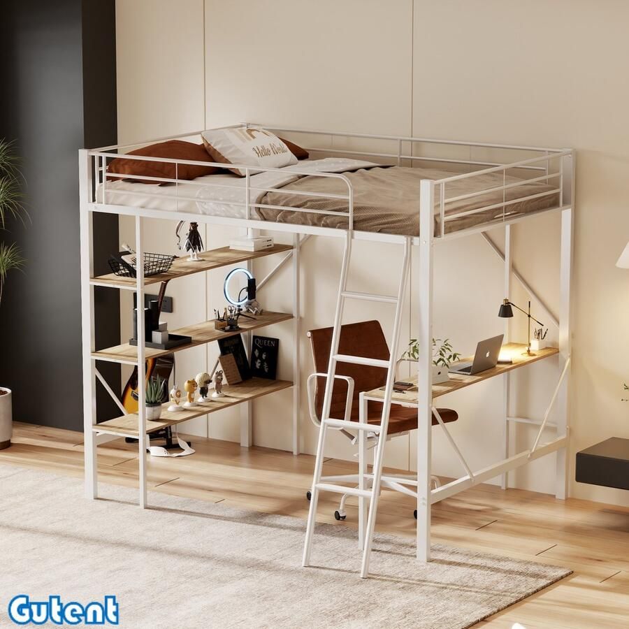 Gutent Hoogslaper 90x200 cm-Iron bed-met bureau en drie grote planken-Wit-Geen matras-Geen stoel