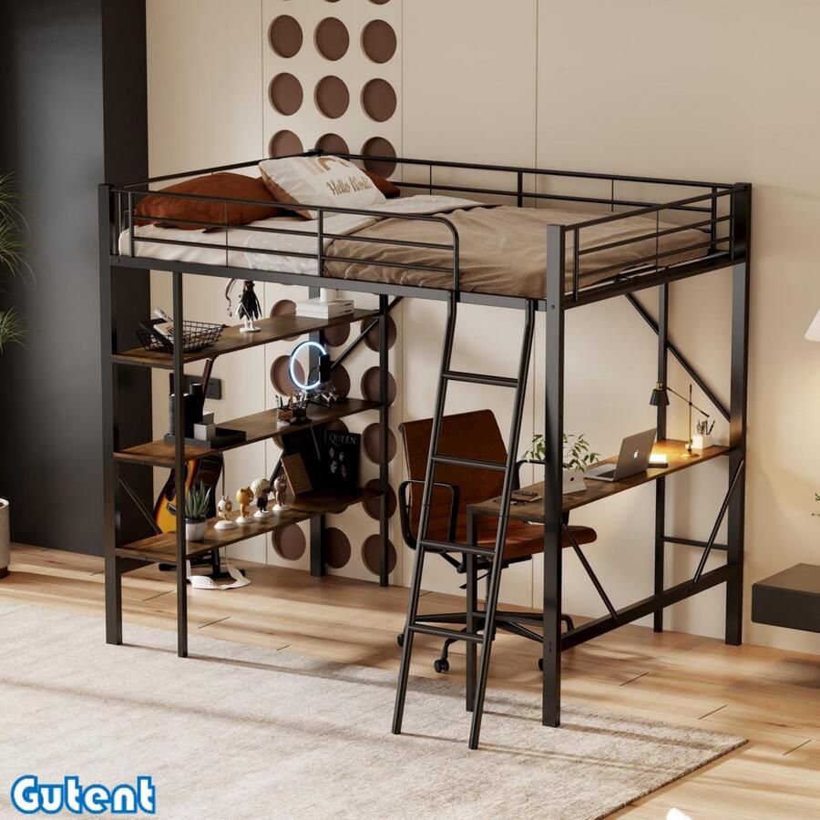 Gutent Hoogslaper 90x200 cm-Iron bed-met bureau en drie grote planken-Zwart-Geen matras-Geen stoel