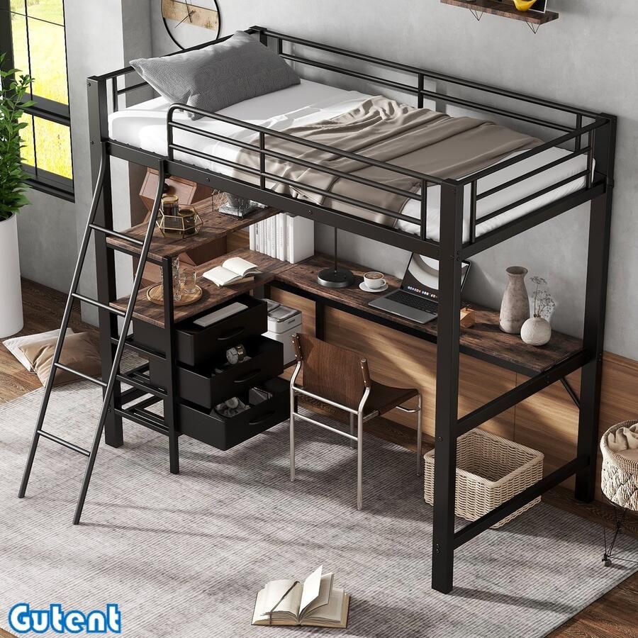 Gutent Hoogslaper ijzeren bed drie laden met 2 m tafel ijzer + spaanplaat-Zwart + Donker Notenhout 90x200cm Zonder matras