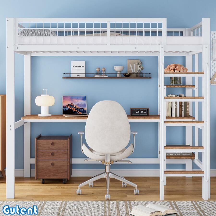 Gutent Hoogslaper Ijzeren bed met tafel en plank met 5 treden ladder met leuning Ijzer + MDF Wit + Naturel 90x200cm Zonder matras-Geen stoelen
