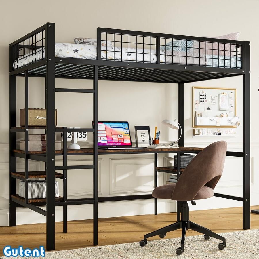 Gutent Hoogslaper IJzeren bed met tafel en plank met vier treden IJzer + hardhouten planken Zwart + donker houtkleur 90x200cm Geen matras Geen stoel