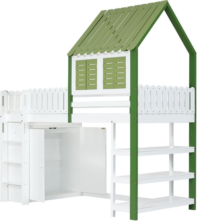 Gutent Hoogslaper Kinderbed met relingen met dak en raam met kleerkast drie open opbergplanken drie treden ladder grenen + MDF + multiplex Wit + Groen 90x200cm Zonder matras