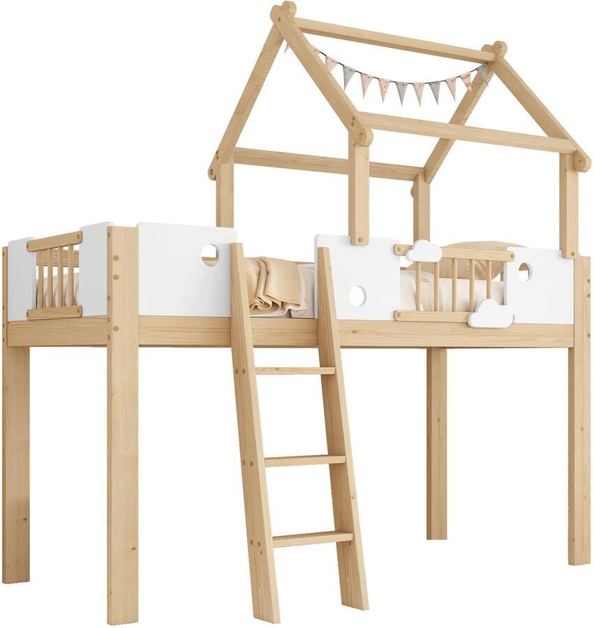 Gutent Hoogslaper kinderbed met relingen uniek dakdesign met drie treden schuine ladder grenen frame grenen + MDF + multiplex Wit + Natuurlijke kleur 90x200cm Zonder matras