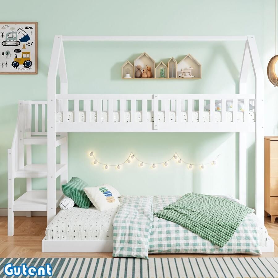 Gutent Hoogslaper Kinderbed Met trapje Met relingen Dennenhouten bedframe Wit Geen matras Geen lattenbodem onder bed