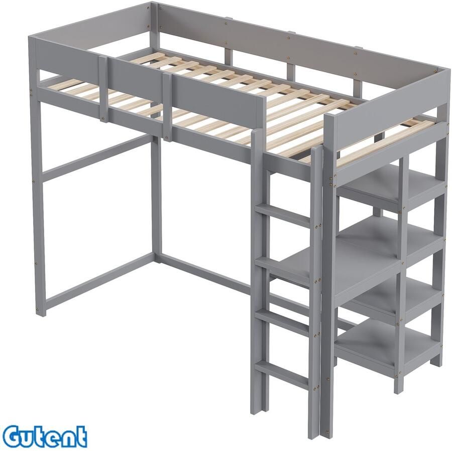 Gutent Hoogslaper met plank 90 x 200 cm grenen massief houten bedframe met lattenbodem Grijs Geen matras Geen decoraties onder het bed