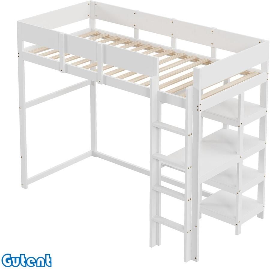 Gutent Hoogslaper met plank 90 x 200 cm grenen massief houten bedframe met lattenbodem Wit- Geen matras Geen decoraties onder het bed