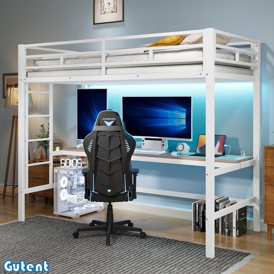 Gutent Hoogslaper(Geen stoelen)-90*200 cm-Met reling en trap-Bureau met USB en stopcontact-Lichtlijst-Conforming-Geen matras-Metaal-Wit
