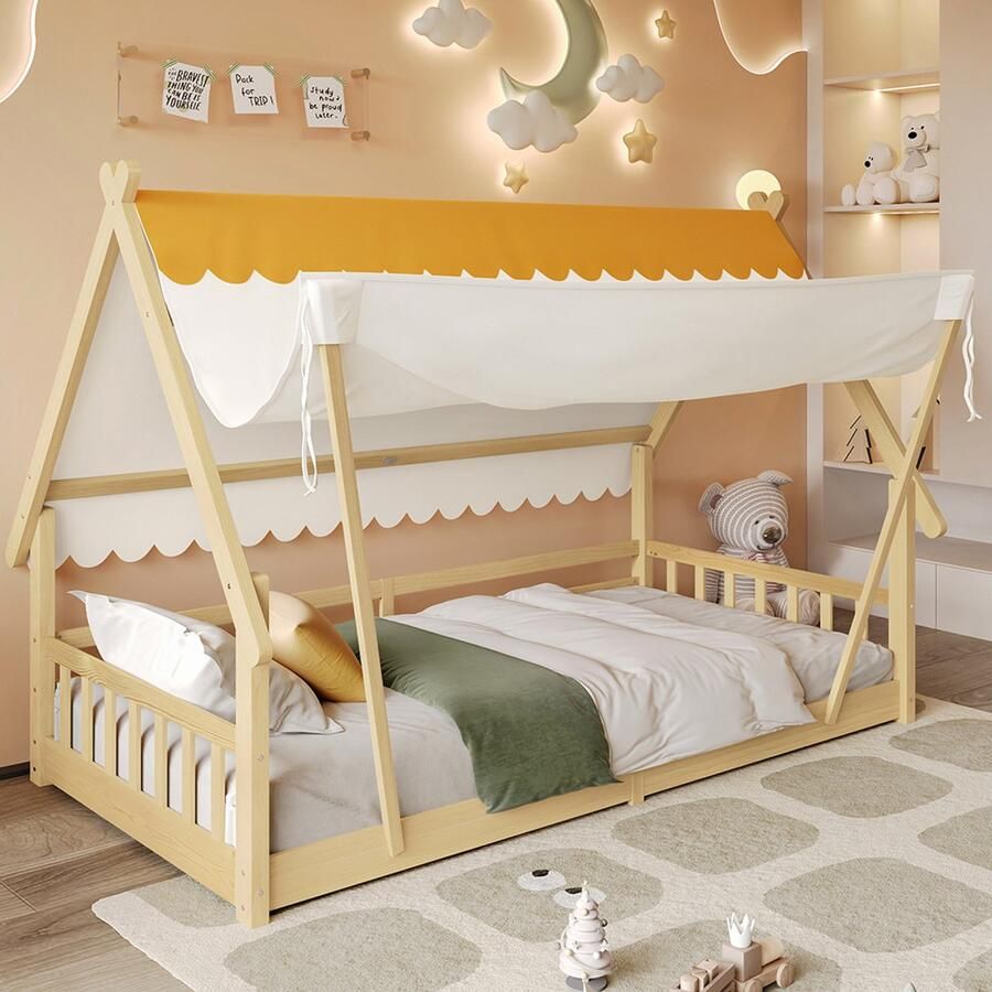 BLACKCOLORS Houten bedden kinderbed eenpersoonsbed verfijnd ontwerp in hout afneembare tent stabiele lattenbodems met veiligheidshekken grenen + multiplex naturel 90 x 200 cm