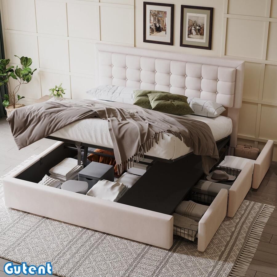 Gutent Hydraulisch Bed-3 Laden-Opbergruimte-160 x 200cm-Linnen-Beige-Geen Matras