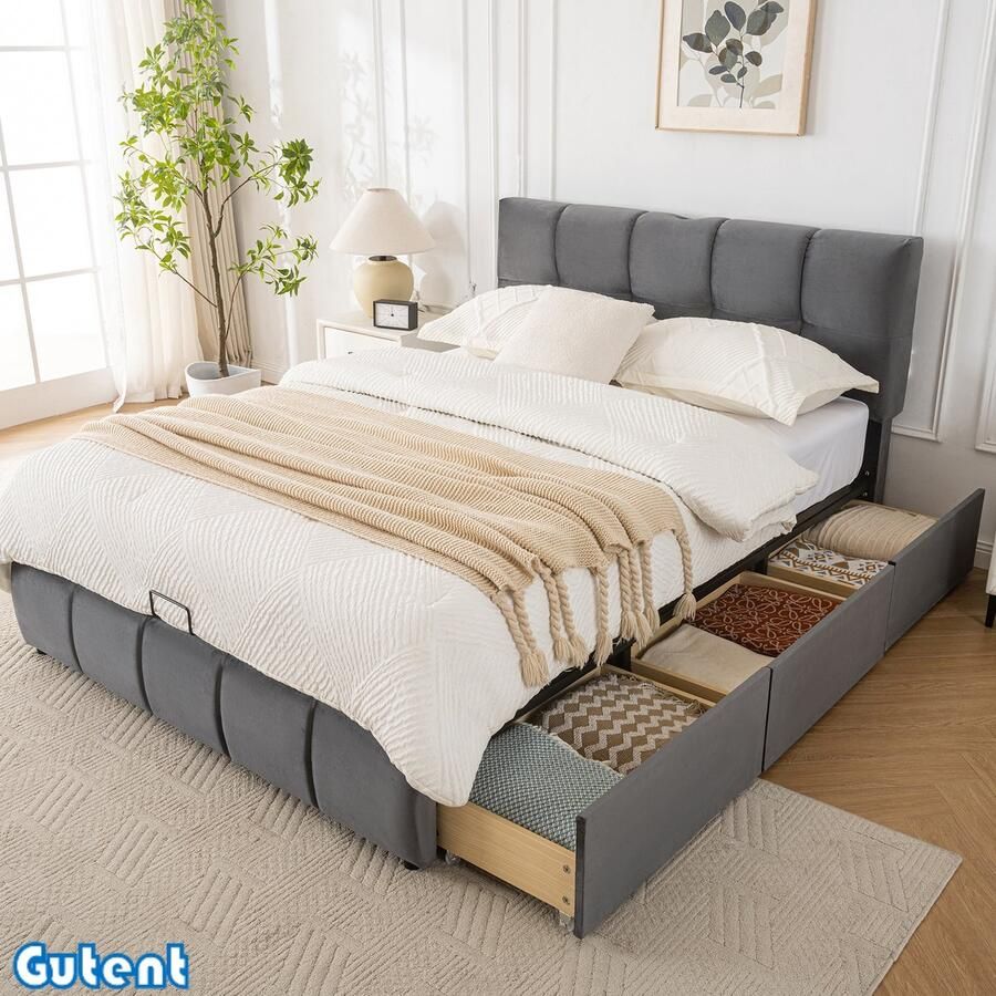 Gutent Hydraulisch gestoffeerd bed Tweepersoons Drie laden Verstelbaar hoofdeinde Vierkant schuimrubber hoofdeinde Fluweel Grijs 140x200cm Zonder matras