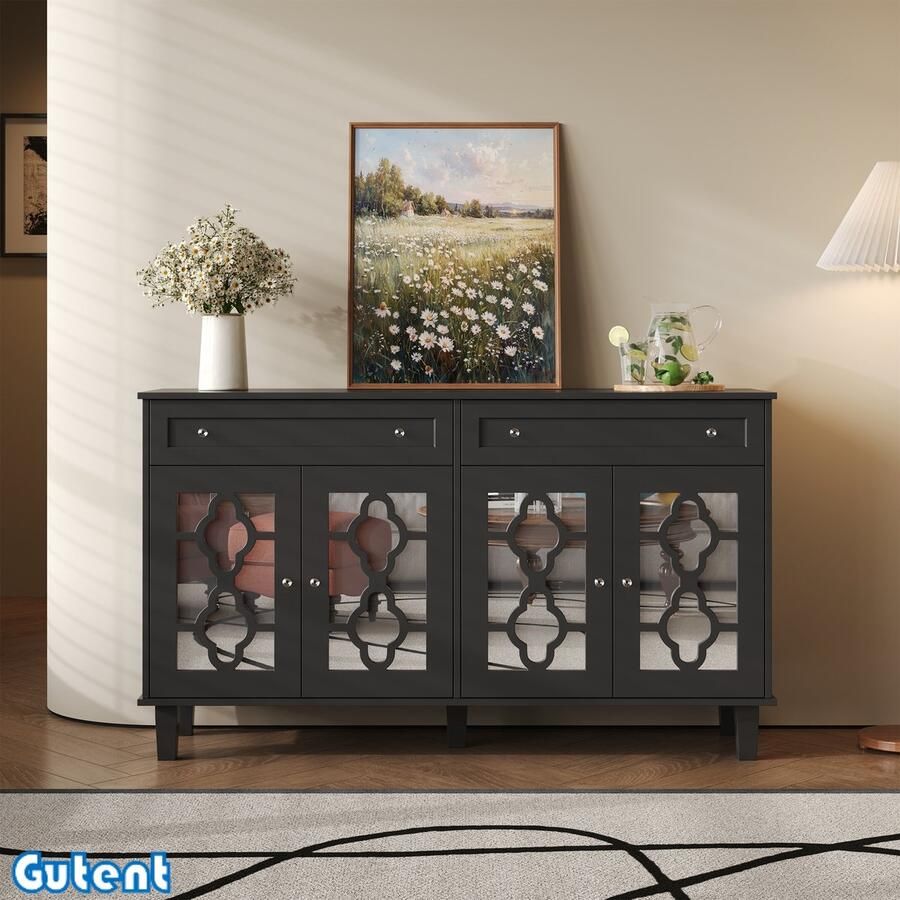 Gutent Kantenkast met vier spiegeldeuren met lade Verstelbare planken Kristal handvat Zwart
