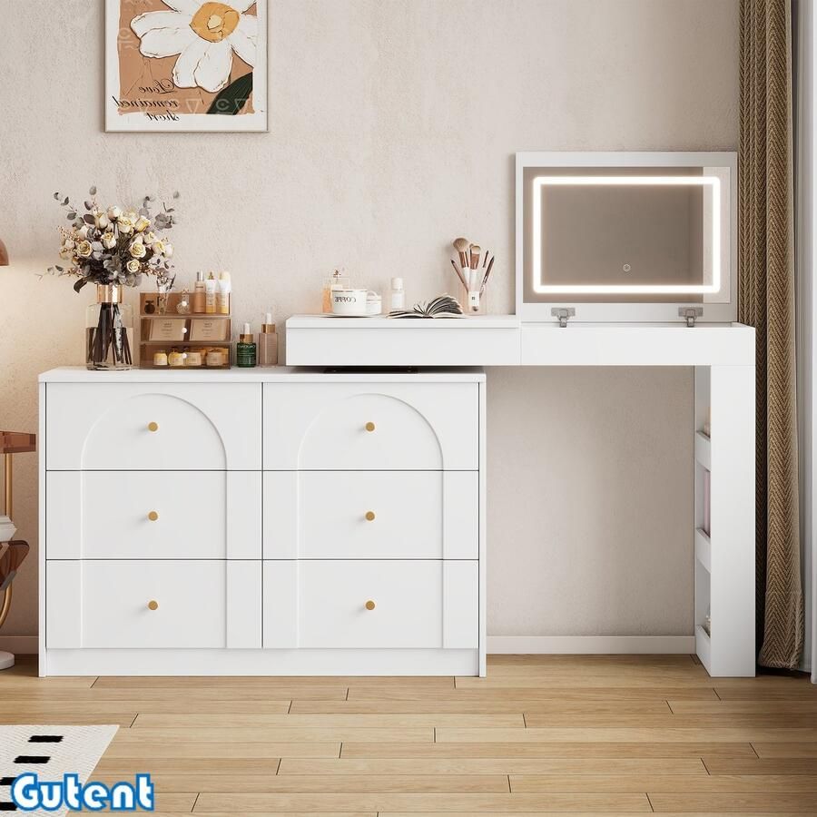 Gutent Kaptafel -Met LED-verlichting- Draaibaar- Wit 105 x 40 x 80 cm