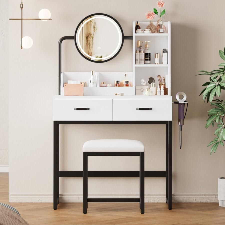 Merax Moderne kaptafel met LED-verlichting draaibare spiegel en stopcontact inclusief kruk 2 lades 2 open legplanken wit 80×138 5×40 cm