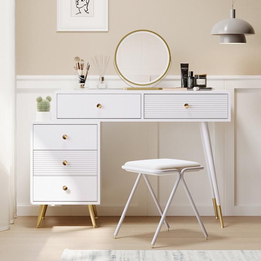 Gutent Kaptafel Wit met LED-Verlichting en Spiegel Verstelbaar Dressoir Uittrekbaar ontwerp afmetingen: B100 H78 D40 cm (kruk niet inbegrepen)