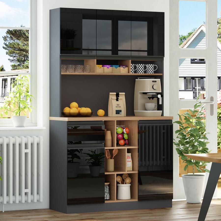 Gutent Kast-105×45×185 cm-Zwart-Buffetkast-Hoogglansdeuren-Metalen trekkers-Verstelbare legplanken-Open opbergruimte-Anti-Tilt